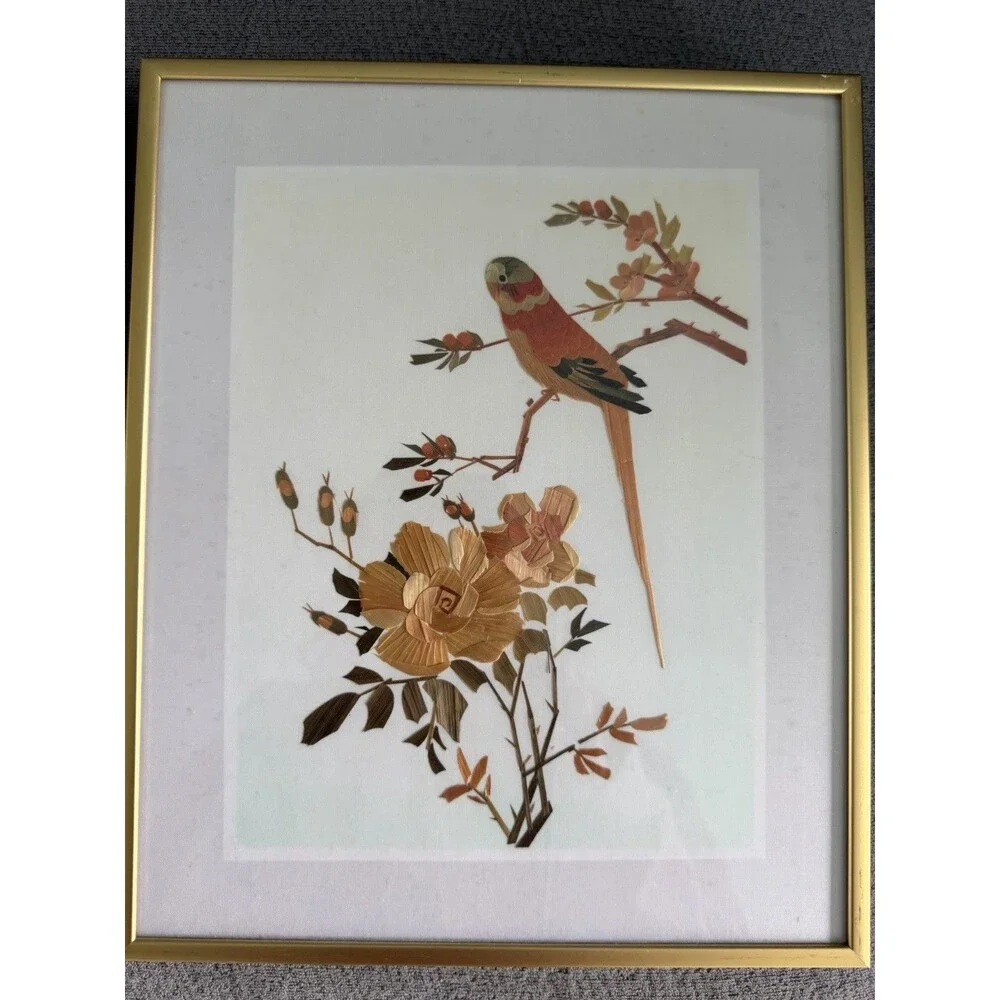 Vintage Asian Framed Artwork Birds Made From Bamboo Straw - Set Of 3